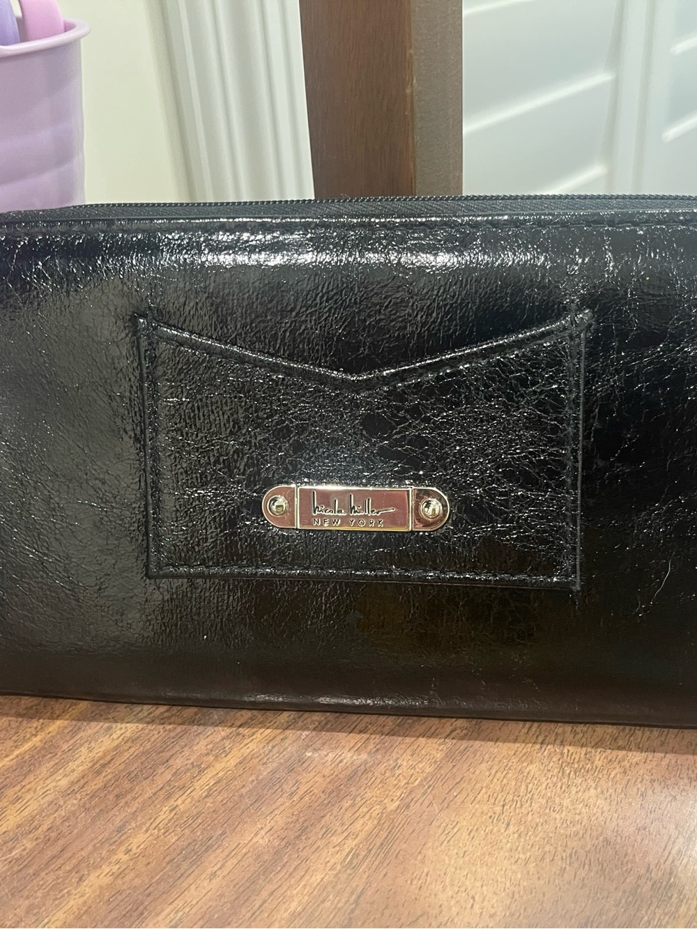 Nicole Miller Black Patent Leather Zip Wallet with Metal Logo Plate